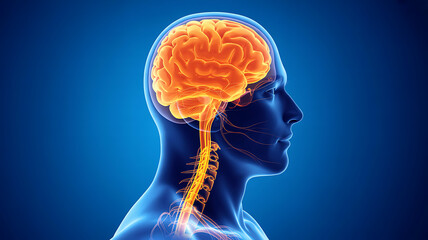 Illustration of human brain anatomy with highlighted nerves on a blue background, showcasing the nervous system medical technology