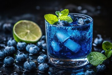 Glass of cocktail with berries. Blue cocktail on a dark background. Blueberries on wooden tray.