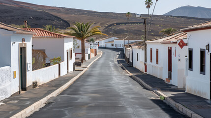 Obraz premium Generic stock image of a traditional rural village street with houses and asphalt road, surrounded by countryside landscape, created for real estate and housing use in southern Europe. Not a specific 