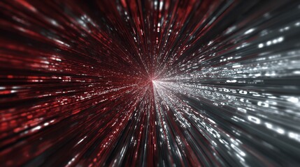 abstract digital code lines of red and gray binary data radiating outward from a central point blurred effect