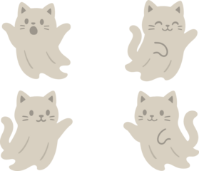 Four cute cartoon-style ghost cats with playful expressions and floating figures reminiscent of a Halloween sticker pack.
