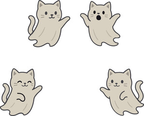 ghost cats with playful and spooky expressions, designed in a cute Halloween sticker style.