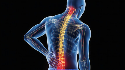 3d illustration showing human skeleton with back pain, spinal problems and injury, medical concept medical technology