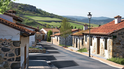 Generic stock image of a traditional rural village street with houses and asphalt road, surrounded by countryside landscape, created for real estate and housing use in southern Europe. Not a specific 