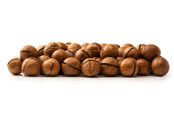 Macadamia nuts in a shell isolated on a white background.