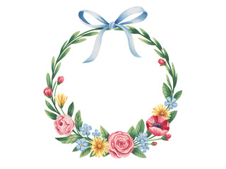 Watercolor easter egg wreath with flowers and blue ribbon