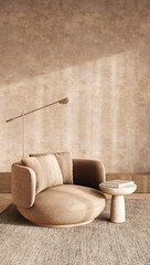 Modern boho scandinavian living space with comfortable armchair and unique floor lamp, 3d rendering