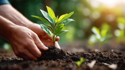 Hands planting young seedling into soil with sunlight in garden

