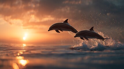 Naklejka premium Dolphin jumping ocean sunset scenic wildlife marine animal aquatic mammal nature sea travel adventure photography