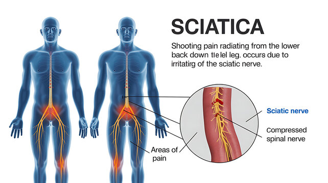 Illustration of sciatica pain radiating down the leg due to irritation of the sciatic nerve isolated on white background medical technology