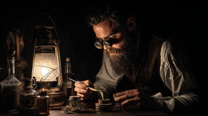 Alchemist working by lantern light, carefully crafting a potion with antique tools and bottles