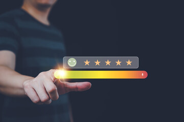 Customer satisfaction concept with a man pointing at a five-star rating bar with smiley face icon....