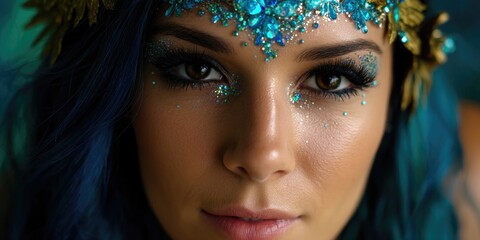 A woman with vibrant blue hair, adorned in sparkly makeup and a jeweled headpiece