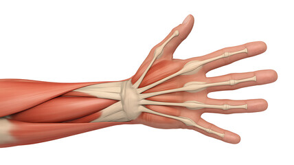 Obraz premium Anatomical illustration of human hand muscles and bones isolated on white background medical technology