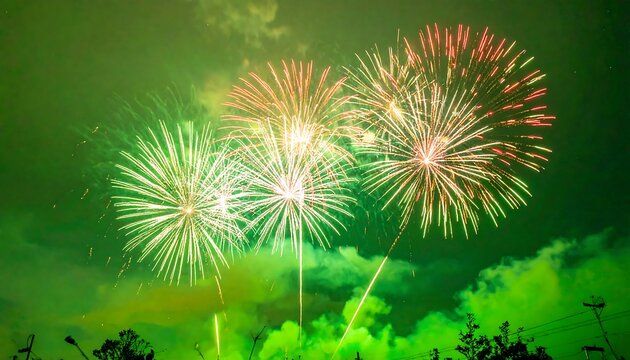 Fireworks burst in a vibrant green night sky