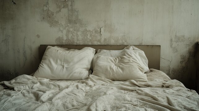 Unmade bed in weathered room with dirty sheets