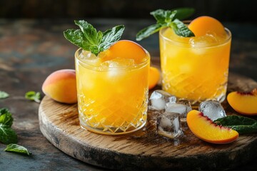 Fototapeta premium Glass of drink with peaches. Yellow cocktail on wooden board.