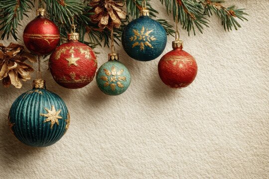 Christmas background with pine branches, colorful baubles, and gold stars on textured paper, festive holiday season