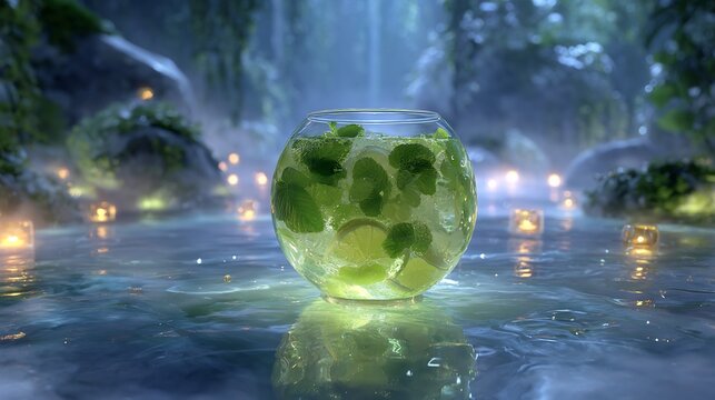 Refreshing mojito cocktail in mystical garden with candlelight ambiance for summer celebrations and magical events
