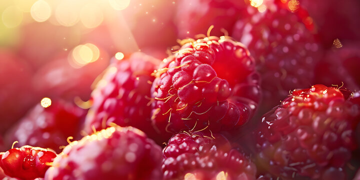 Close-Up of Fresh Red Raspberries in Golden Sunlight