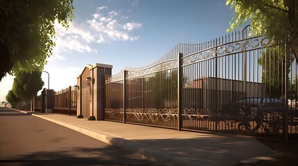 Architectural metal gate with ornate detailing along a residential street under sunny skies