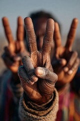 Peace sign hand gestures, unity, multicultural harmony for International Day of Peace