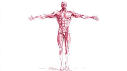 Obraz premium Detailed Anatomical Illustration of a Human Figure Showcasing Muscular Structure and Proportions in Dynamic Pose
