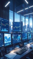 Fototapeta premium Futuristic trading room with multiple monitors displaying stock charts