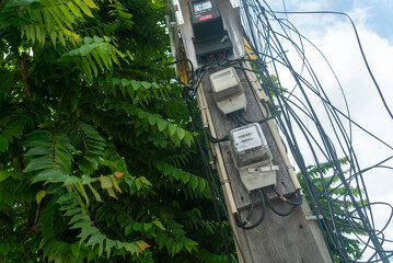 Electrical Meter on Utility Pole with Foliage © cookiecutter