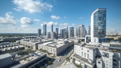 Obraz premium Aerial cityscape view of a modern downtown financial district with sleek glass towers on a sunny day