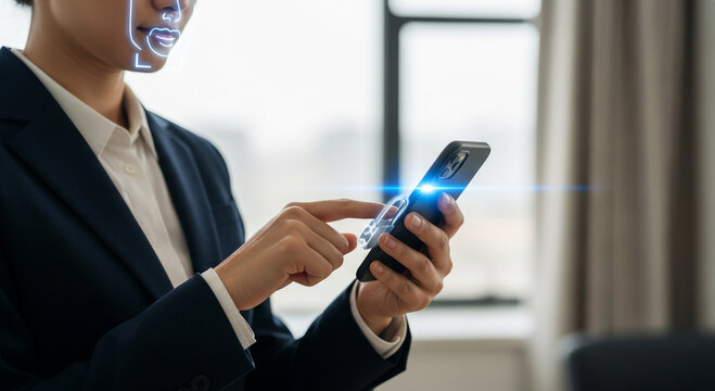 Businesswoman using a smartphone for identity verification with biometric facial recognition technology, a concept of futuristic digital security and data access