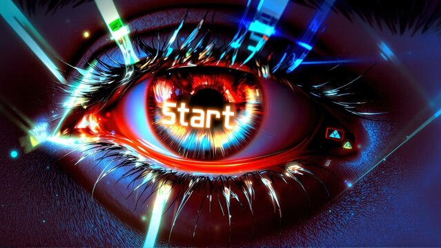 Pixel Eye Start, Neon Aura Gaze, Mysterious Reflection, Captivating Icon, Surreal Eye Art
