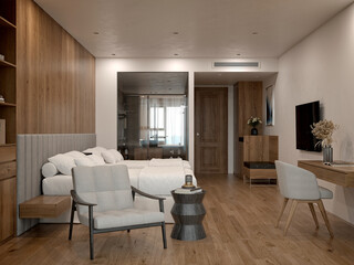 Luxury and modern hotel room 3d render