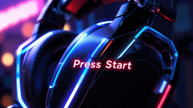 Retro Headphones Start, Neon Trim Gaming, Glowing Earcup Begin, Tech Audio Play, Digital Art Retro