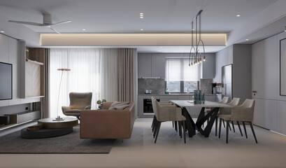 Modern Living Room and Dining Space, 3D Render.