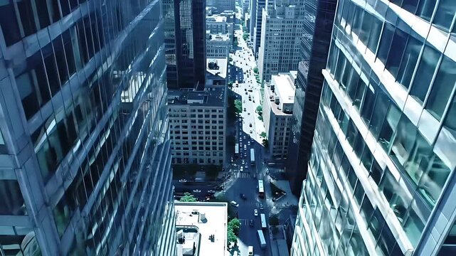 Skyscraper viewed directly across an urban canyon, revealing distant ant-like traffic movement below.