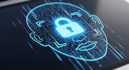 Futuristic cybersecurity concept with a glowing digital face and padlock, representing secure biometric identification and personal data privacy