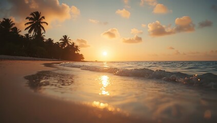 Artistic and vibrant portrayal of a serene sunrise over a secluded tropical beach paradise