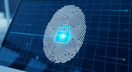 Cybersecurity concept with a glowing blue fingerprint and lock on a digital screen for secure access and identity verification