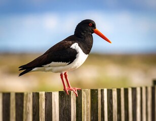 Bird perched on a fence against a partly cloudy sky
