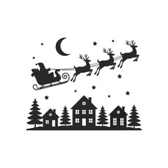 Santa claus sleigh flying over city skyline with reindeer christmas silhouette.