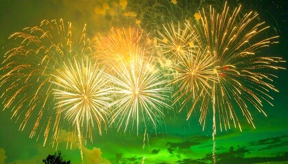 Fireworks display against a vibrant green sky
