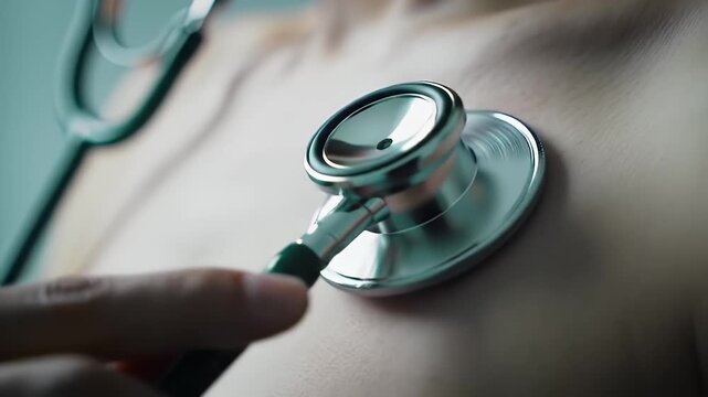 Close-up video of a doctor using a stethoscope on a patient's chest for examination and healthcare