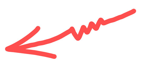 A vibrant red, hand-drawn arrow points left, featuring a playfully squiggly line style.