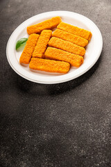 Fish stick seafood fish mince second course tasty snack fresh delicious gourmet food background on the table rustic food top view copy space pescetarian diet