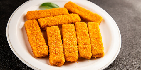 Fish stick seafood fish mince second course tasty snack fresh delicious gourmet food background on the table rustic food top view copy space pescetarian diet