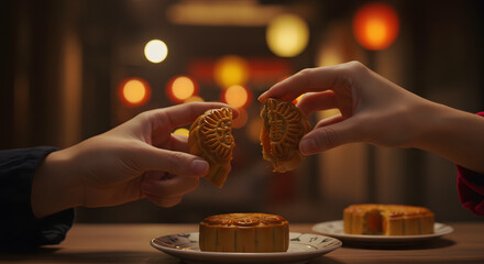 Hands sharing a delicious mooncake, celebrating Mid-Autumn Festival with warm, inviting lights