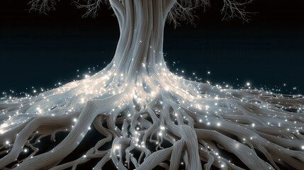 minimalistic glowing tree roots intertwine with luminous digital lights symbolizing the fusion of nature and technology a futuristic aesthetic highlighting the connection between biological and digi