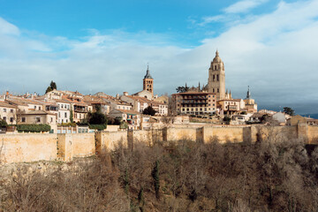 View of the medieval old city with the ancient Cathedral of Segovia. Segovia, Castilla y Leon, Spain, Europe