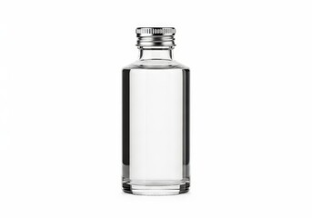 Clear glass bottle with silver cap, filled with transparent liquid, isolated on white background, showcasing minimalist design and pristine clarity